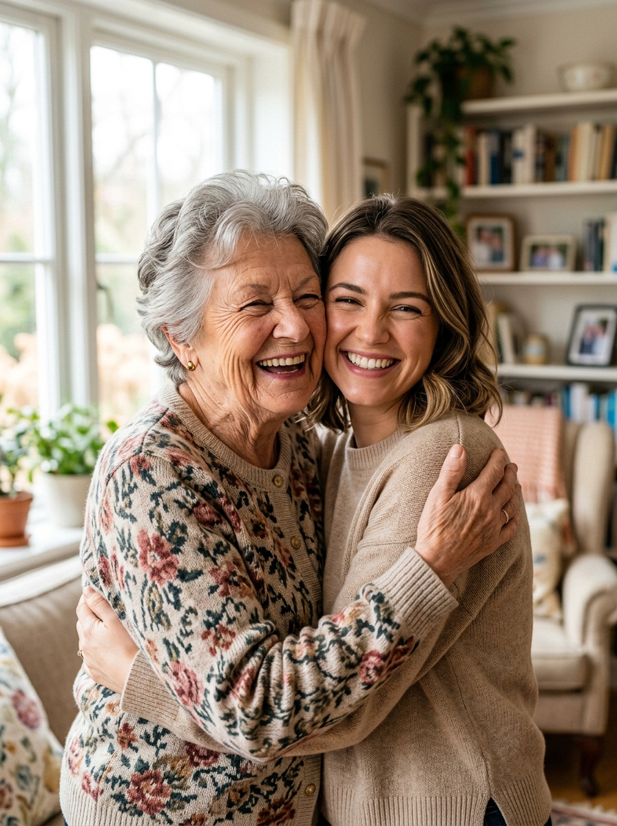 Idosa feliz abraçando carinhosamente sua cuidadora